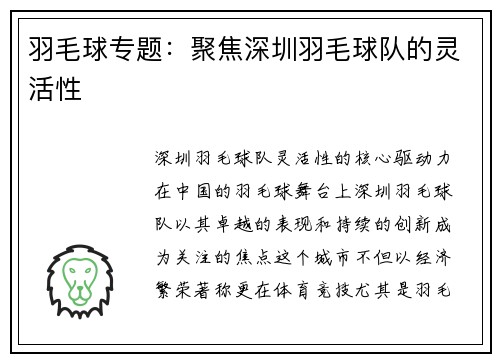 羽毛球专题：聚焦深圳羽毛球队的灵活性