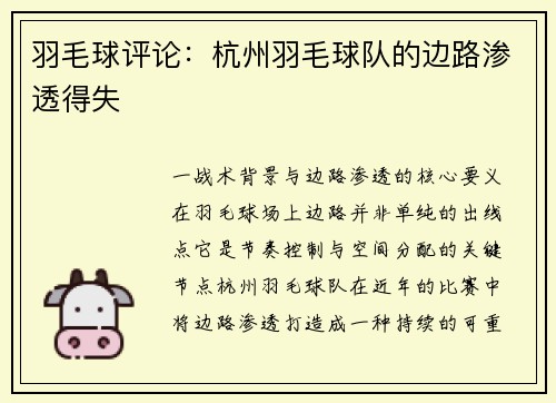 羽毛球评论：杭州羽毛球队的边路渗透得失